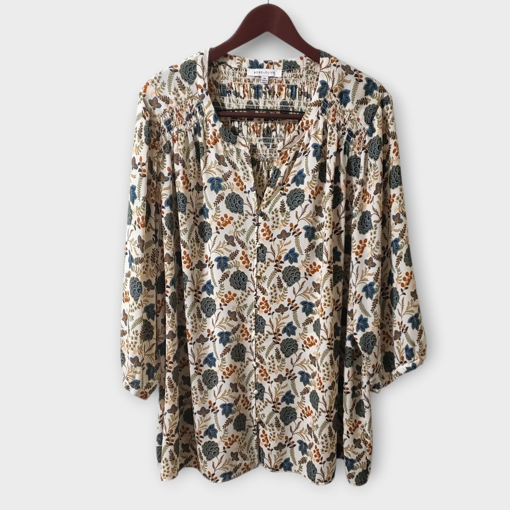 Rose + Olive 3X Floral Smocked V-Neck Blouse Acorn Leaf Plus Size Brown Green